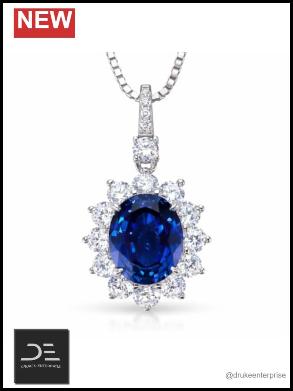 Princess Diana Necklace with 3.75ct Lab Grown Blue Sapphire Halo